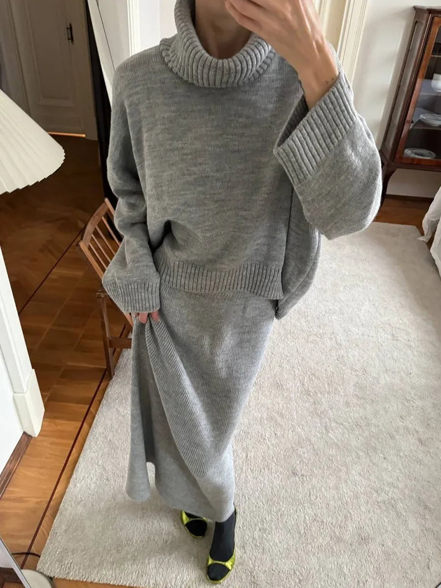 Ensemble 2 Pièces Pull Col Roulé & Jupe Tricotée