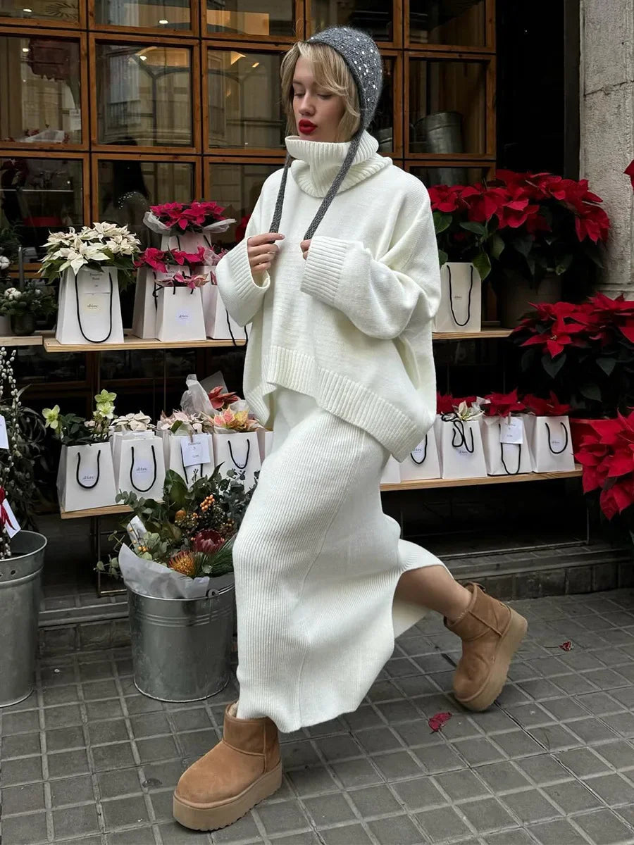Ensemble 2 Pièces Pull Col Roulé & Jupe Tricotée