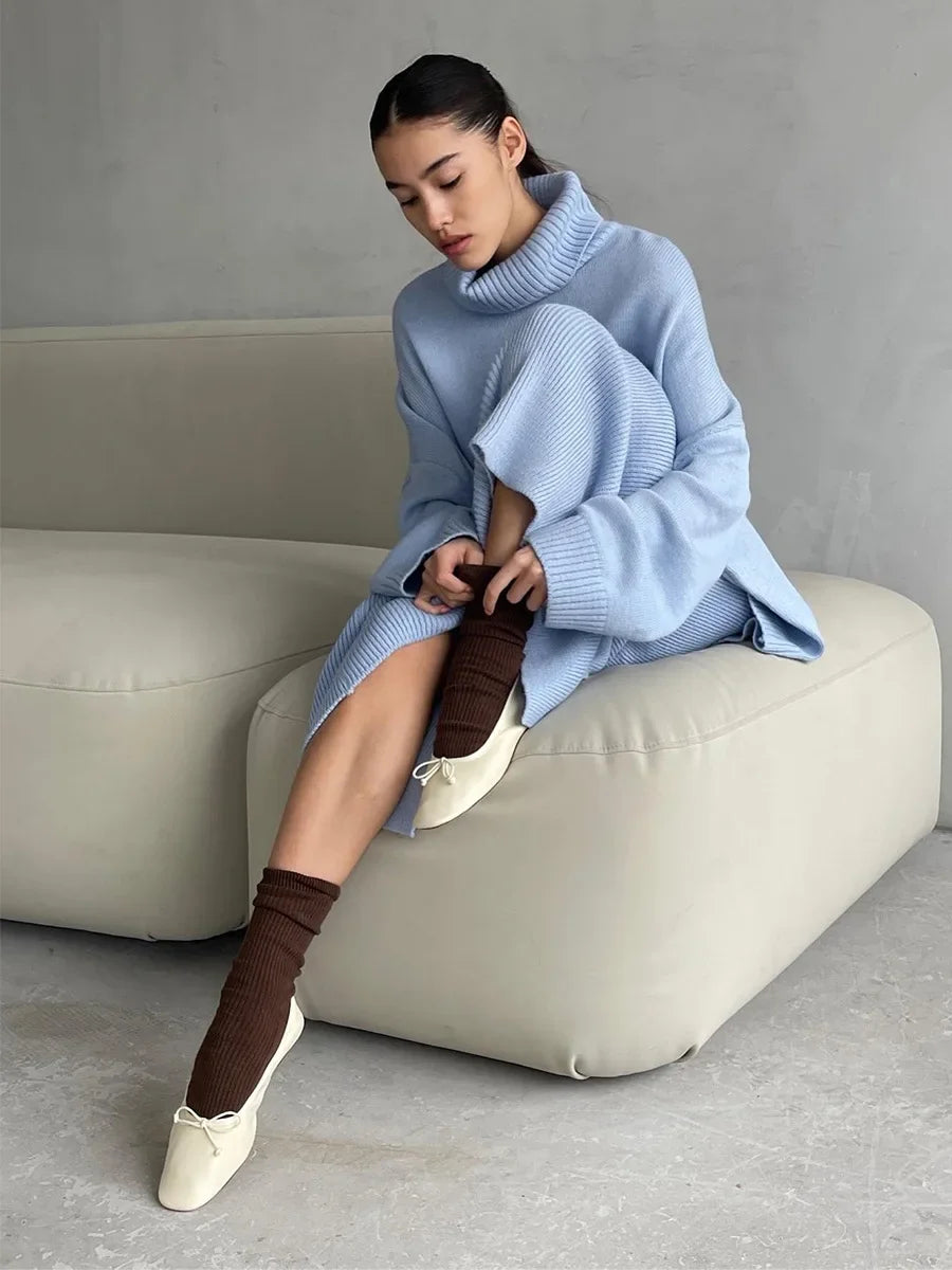 Ensemble 2 Pièces Pull Col Roulé & Jupe Tricotée
