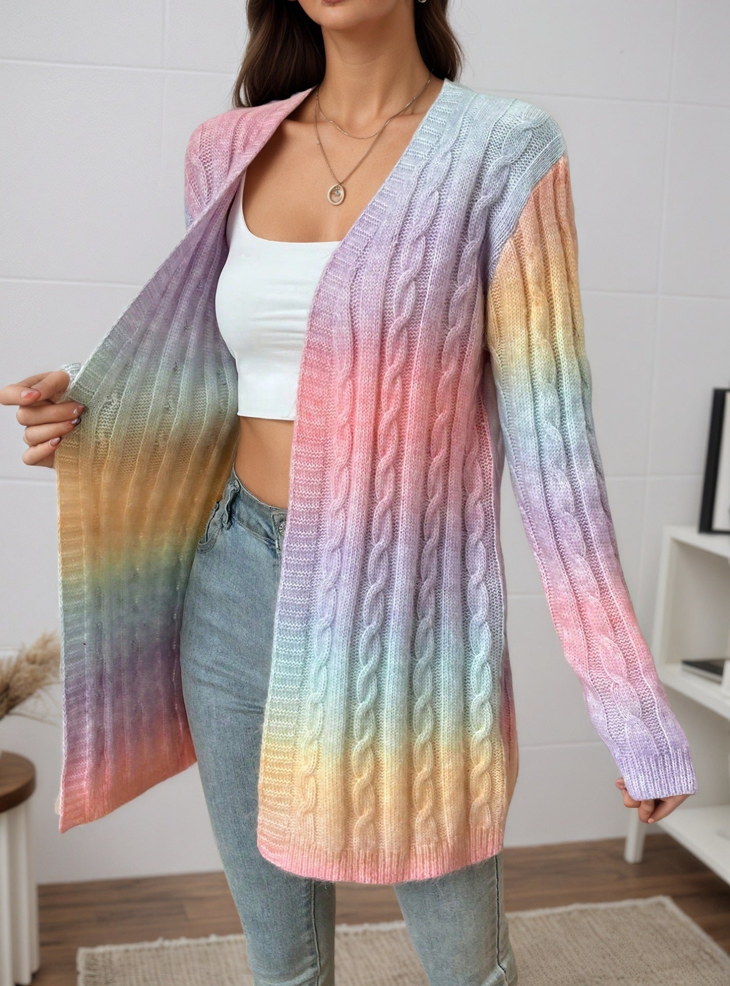 Gilet Long Tricoté à Motif Dégradé