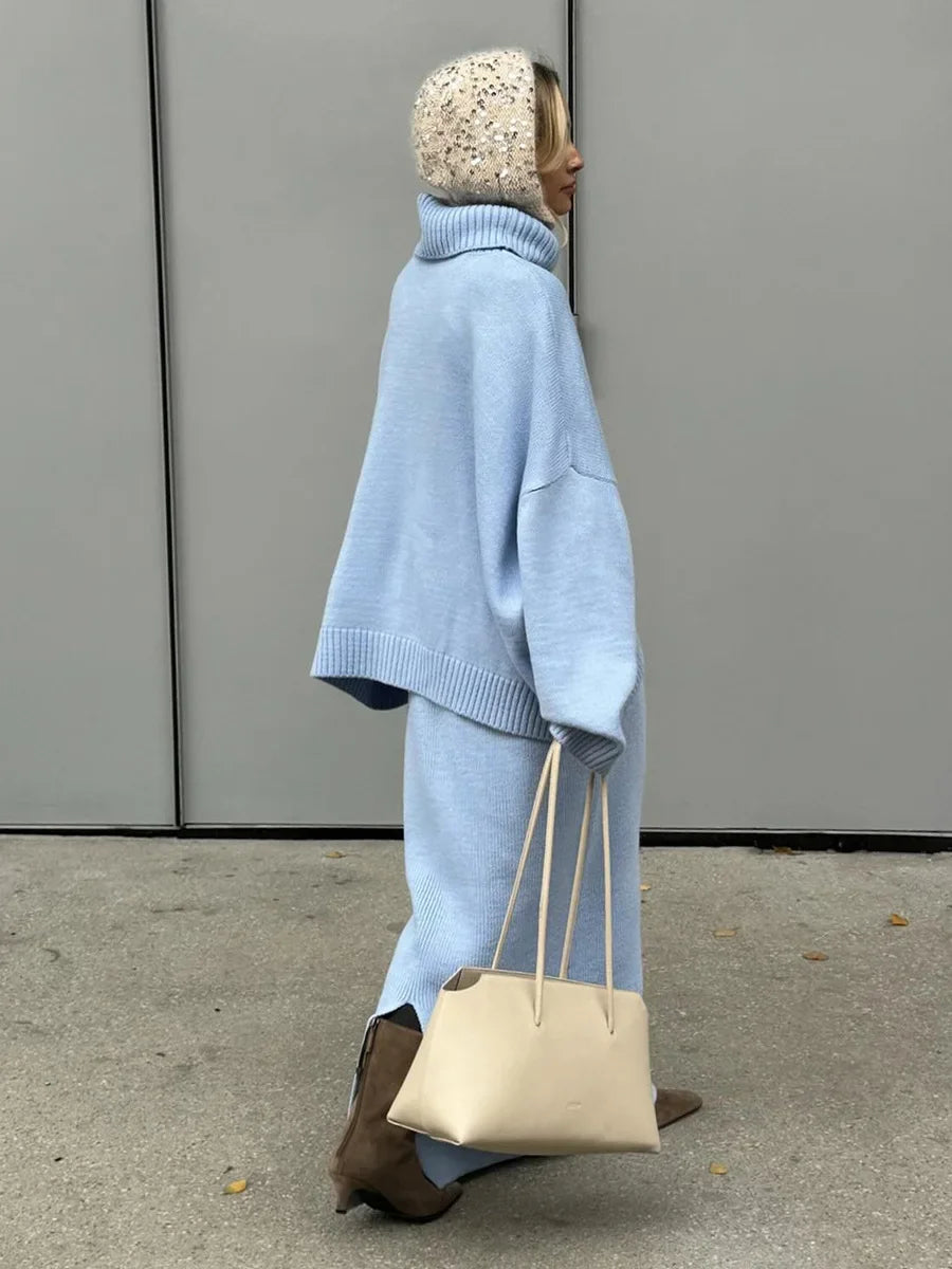 Ensemble 2 Pièces Pull Col Roulé & Jupe Tricotée