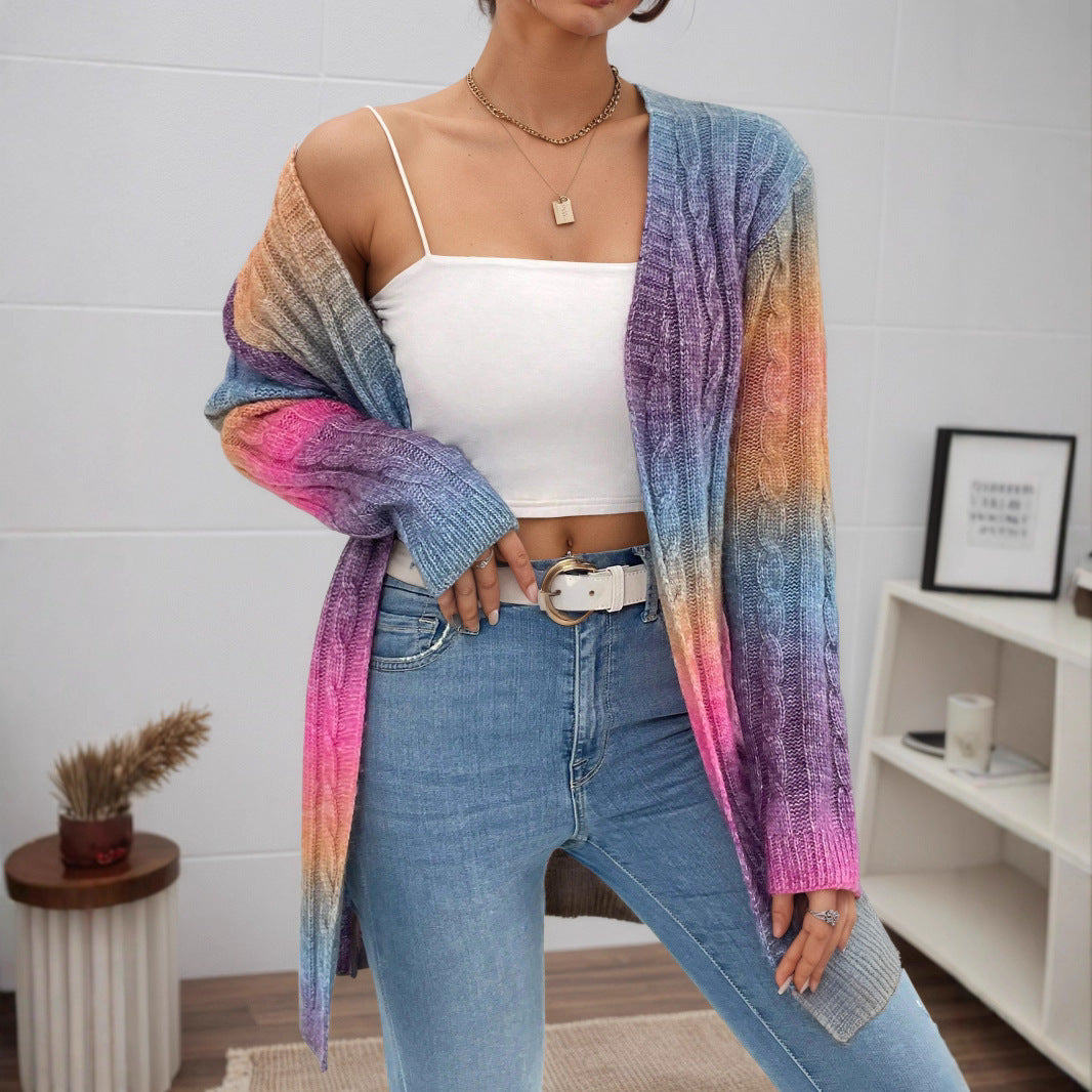 Gilet Long Tricoté à Motif Dégradé