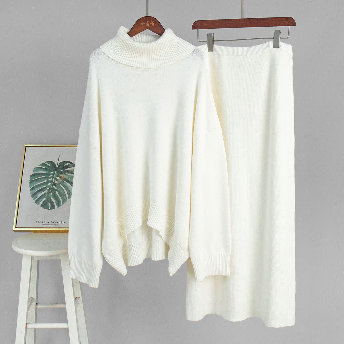 Ensemble 2 Pièces Pull Col Roulé & Jupe Tricotée