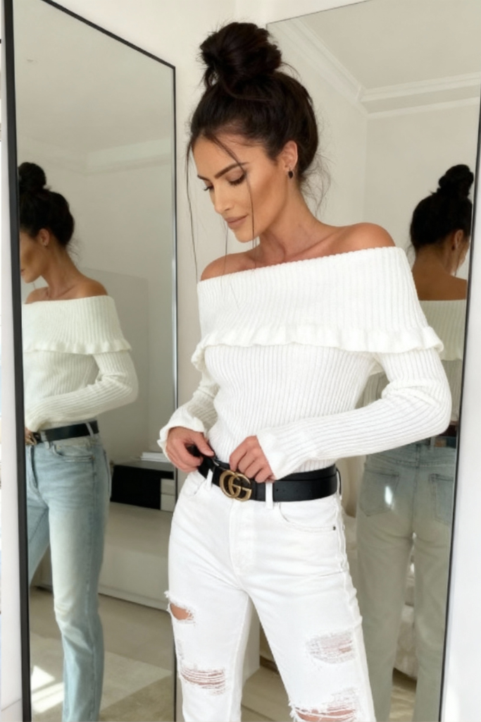 Pull épaules dénudées en maille côtelée – Élégance douce Stelura