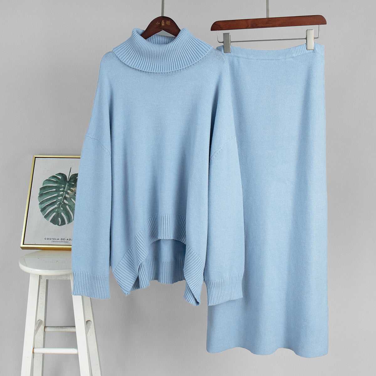 Ensemble 2 Pièces Pull Col Roulé & Jupe Tricotée