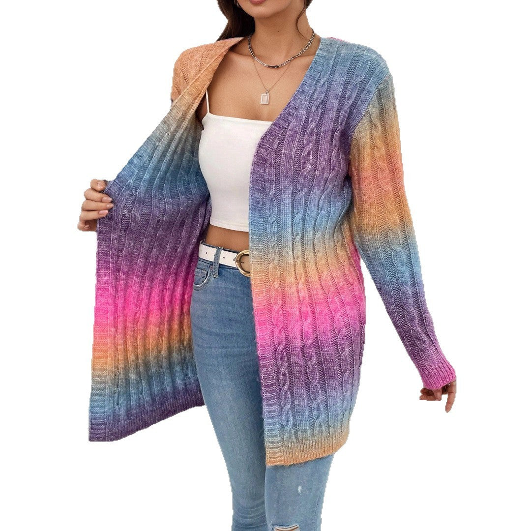 Gilet Long Tricoté à Motif Dégradé