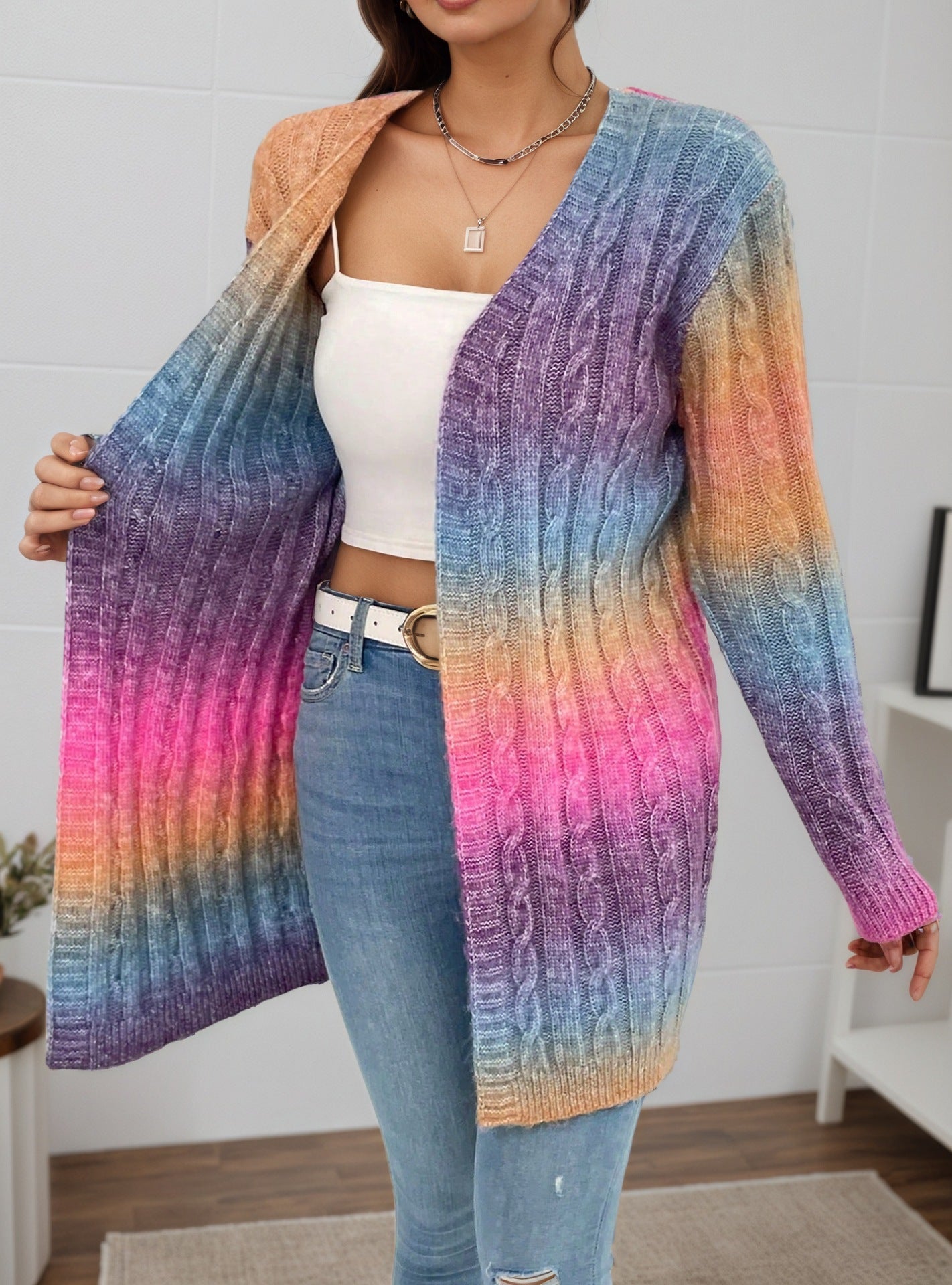 Gilet Long Tricoté à Motif Dégradé