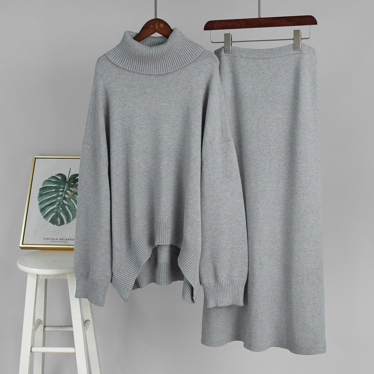 Ensemble 2 Pièces Pull Col Roulé & Jupe Tricotée