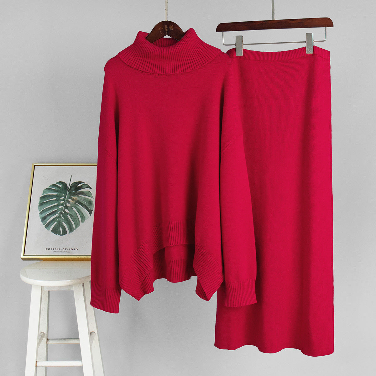 Ensemble 2 Pièces Pull Col Roulé & Jupe Tricotée