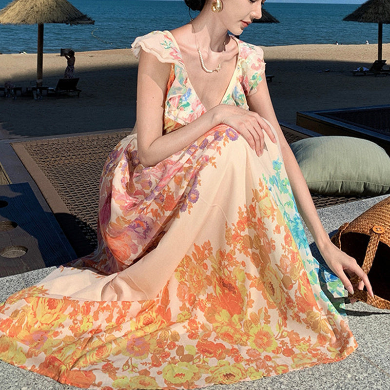 Robe Longue à Volants et Col V
