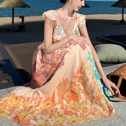 Robe Longue à Volants et Col V