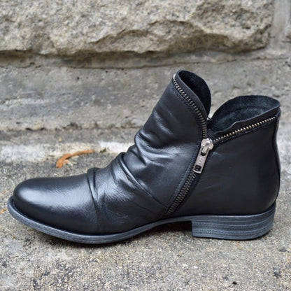 Round Toe Chunky Heel Double Zipper Ankle Boots
