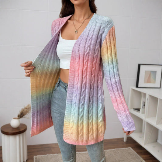 Gilet Long Tricoté à Motif Dégradé