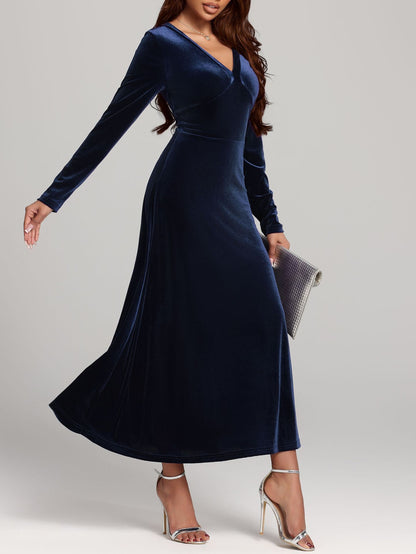 Robe de Soirée en Velours à Col V et Manches Longues
