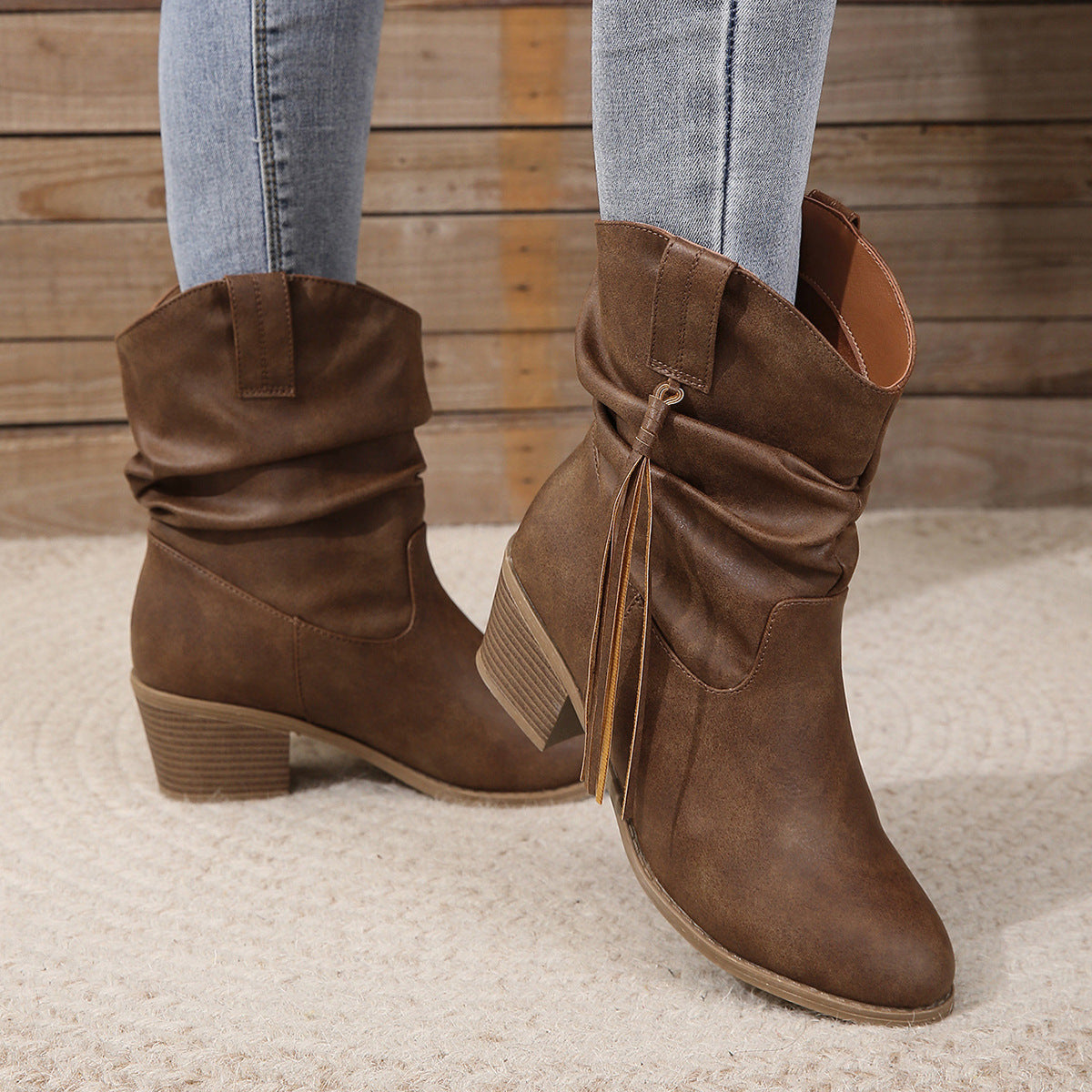 Bottes Rétro à Franges – Talon Carré Épais Mi-mollet