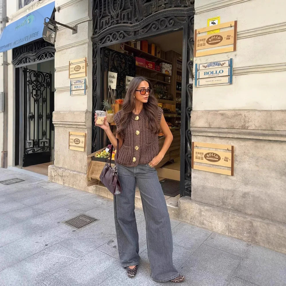 Gilet Tricoté Sans Manches à Mailles Épaisses