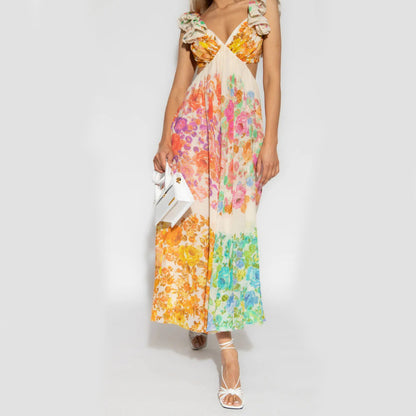 Robe Longue à Volants et Col V