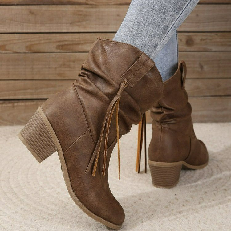 Bottes Rétro à Franges – Talon Carré Épais Mi-mollet
