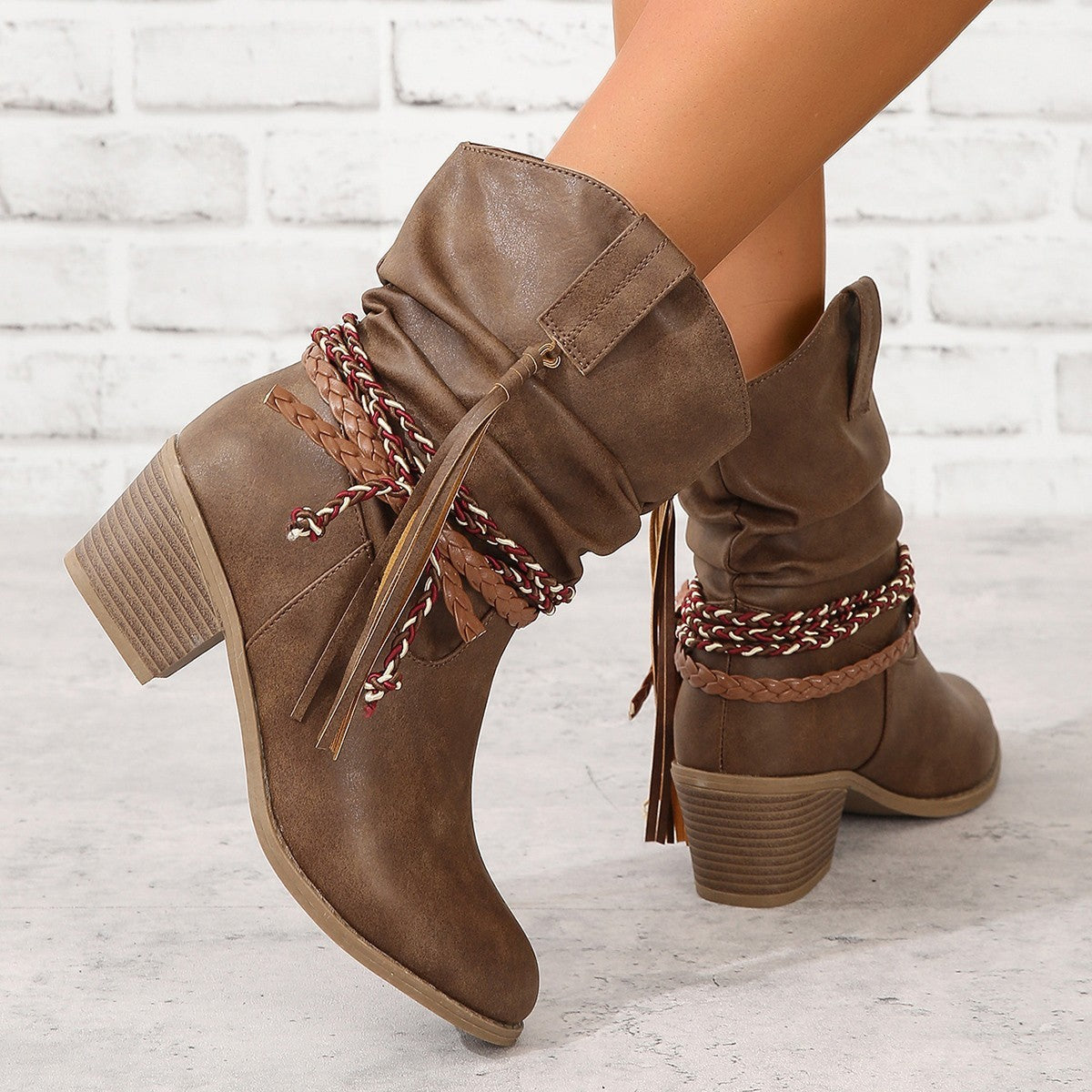Bottes Rétro à Franges – Talon Carré Épais Mi-mollet