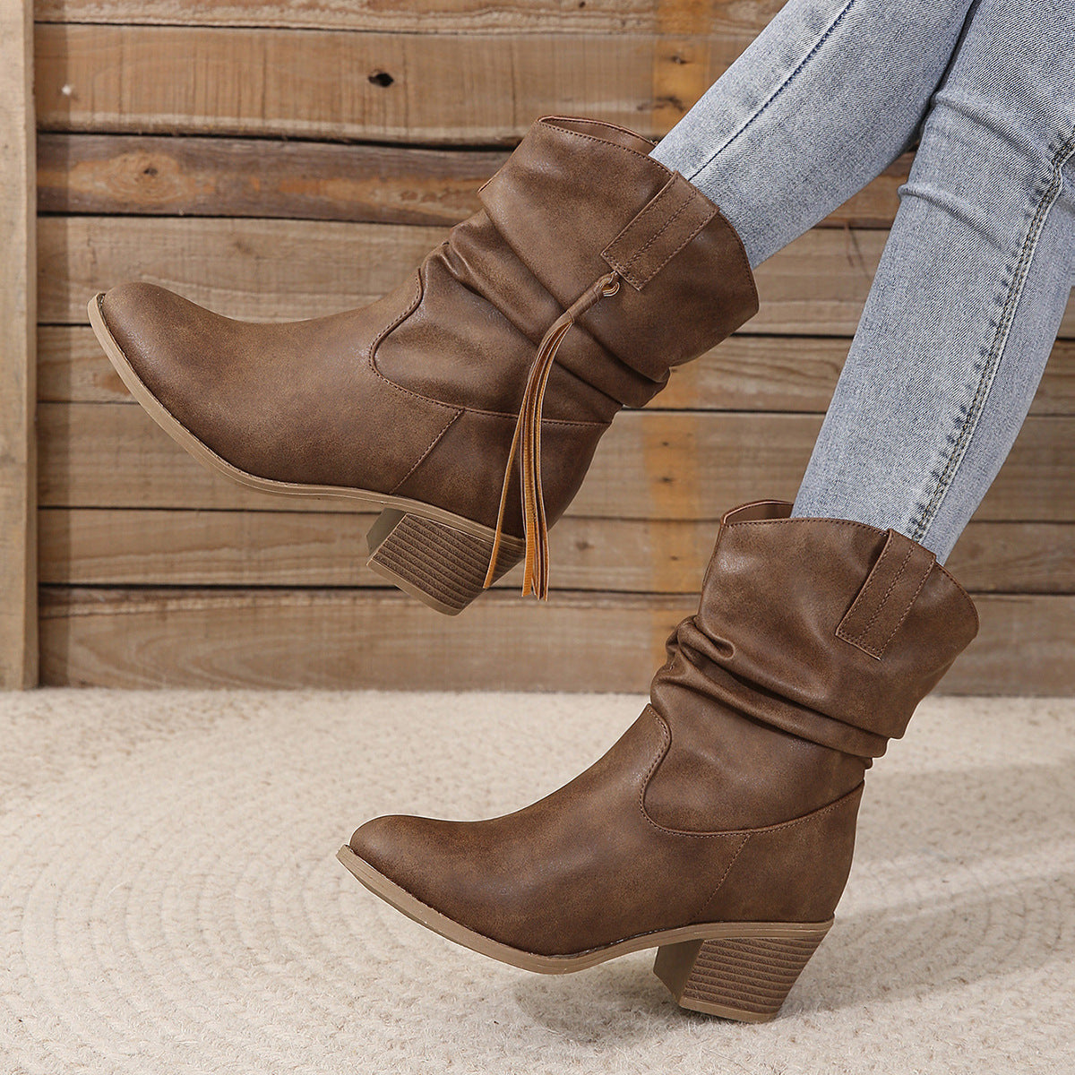 Bottes Rétro à Franges – Talon Carré Épais Mi-mollet