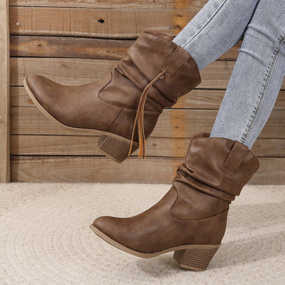 Bottes Rétro à Franges – Talon Carré Épais Mi-mollet