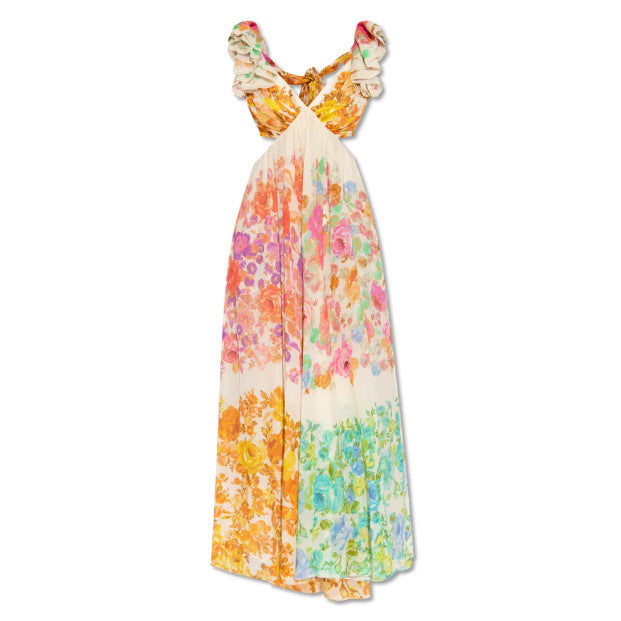 Robe Longue à Volants et Col V