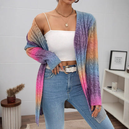 Gilet Long Tricoté à Motif Dégradé