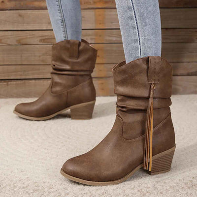 Bottes Rétro à Franges avec Talon Carré Épais - Style Mi-mollet Chic - Stelura