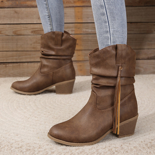 Bottes Rétro à Franges – Talon Carré Épais Mi-mollet