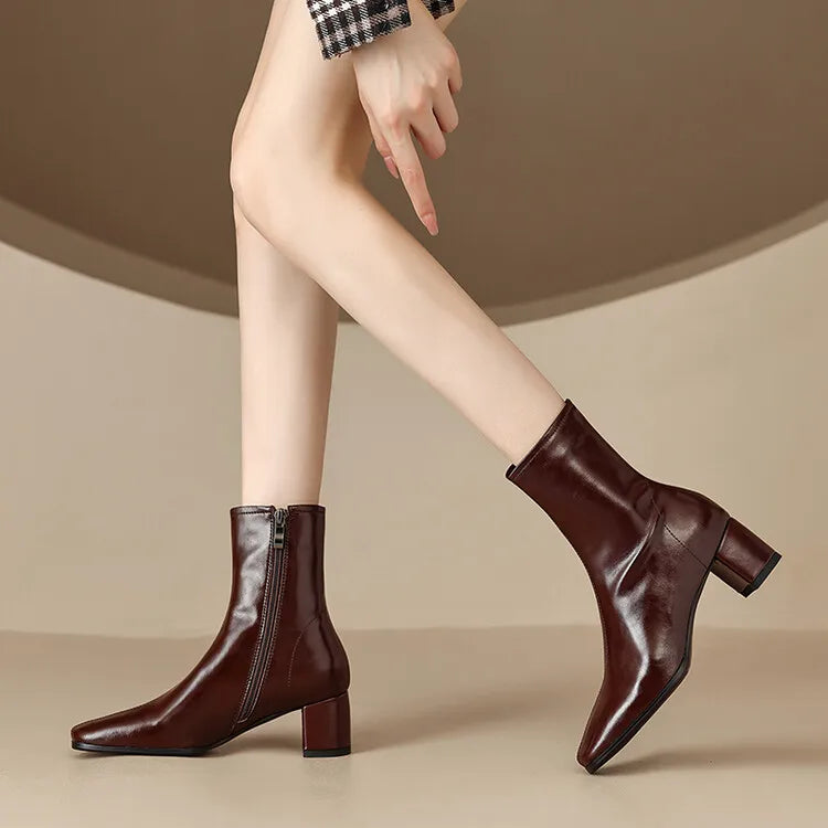 Bottines en Cuir Véritable à Bout Carré