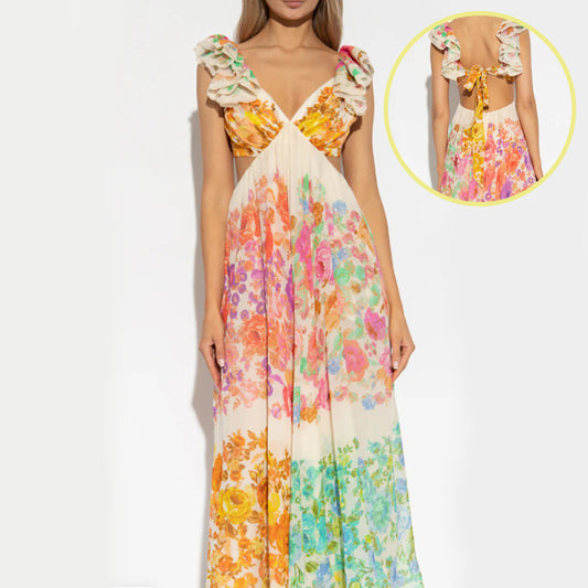 Robe Longue à Volants et Col V
