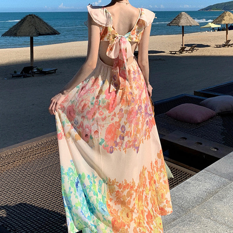 Robe Longue à Volants et Col V