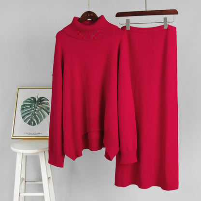 Ensemble 2 Pièces Pull Col Roulé & Jupe Tricotée